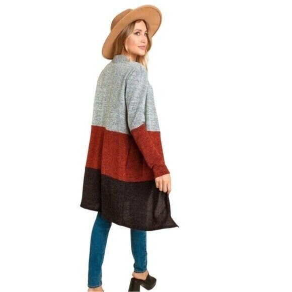 Cardigan Sweater Women Size Small Heather Gray Rust Black Knit Side Pockets - Picture 7 of 15